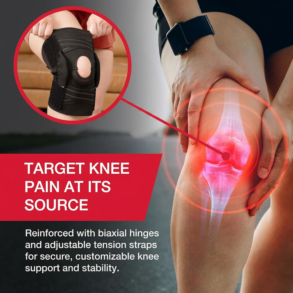 Unisex hinged knee brace for men and women offering support for arthritis, sprains, and ligament injuries