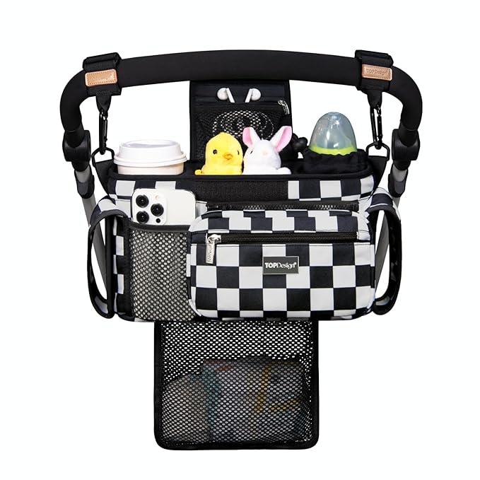 Front view of a black stroller caddy attached to a handlebar with two coffee cups
