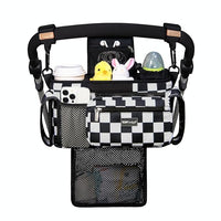 Front view of a black stroller caddy attached to a handlebar with two coffee cups