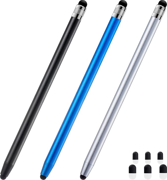 Three universal touchscreen stylus pens in black silver and blue