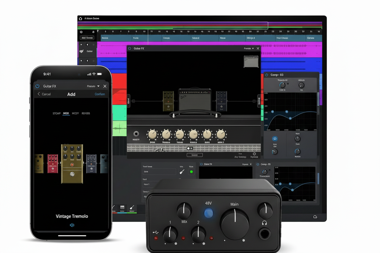 USB audio interface front view with input and output ports