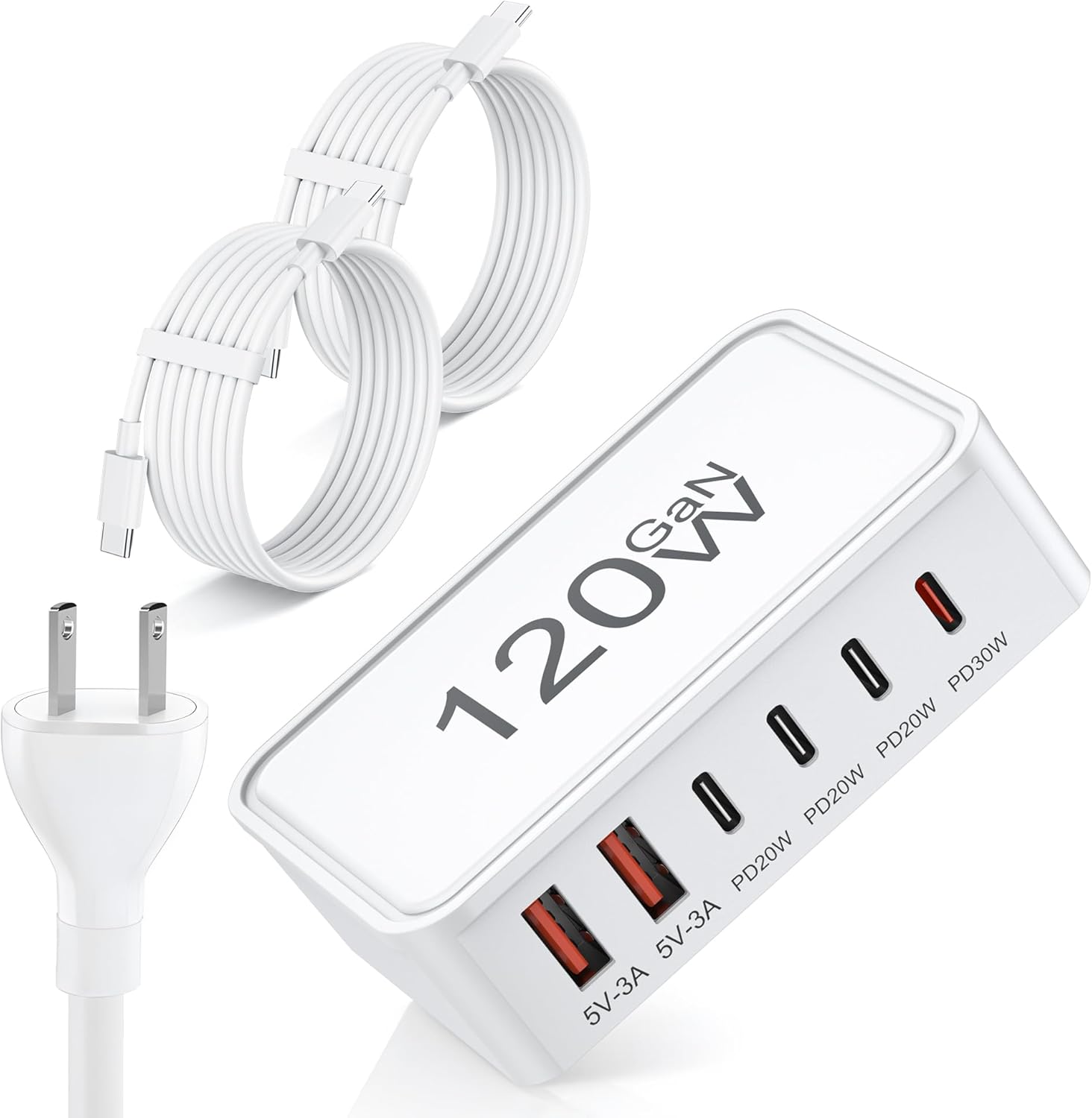 USB C Charger Block 120W GaN 6-Port Charging Station for iPhone, iPad, Galaxy, Pixel – Fast Charging Power Adapter for Home and Travel.