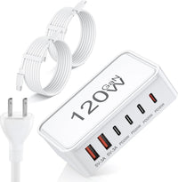USB C Charger Block 120W GaN 6-Port Charging Station for iPhone, iPad, Galaxy, Pixel – Fast Charging Power Adapter for Home and Travel.
