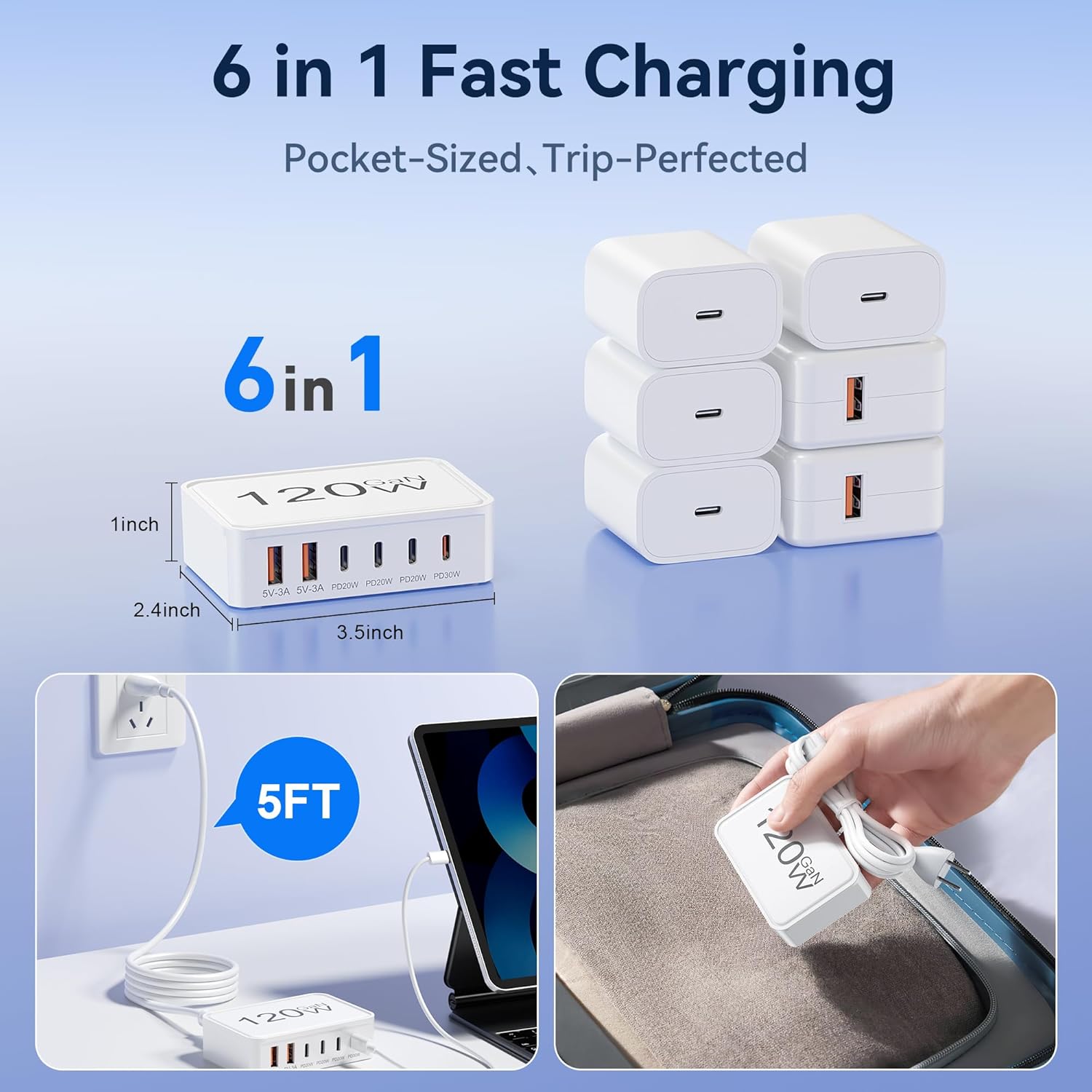 Compact and Portable USB C Charger Block, Ideal for Travel, Home, and Office Use, with 6 Charging Ports.