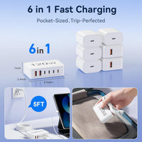 Compact and Portable USB C Charger Block, Ideal for Travel, Home, and Office Use, with 6 Charging Ports.