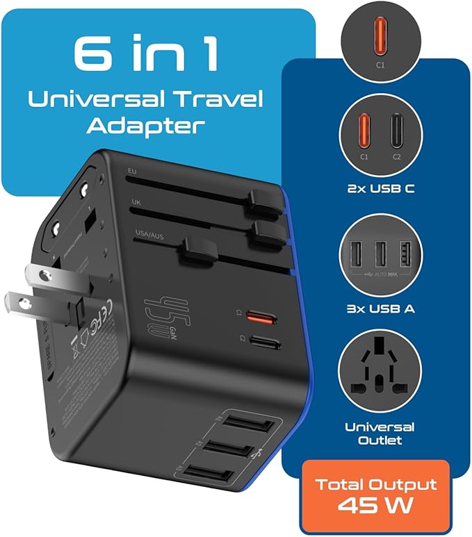 Travel Adapter USB C PD Fast Charging Ports