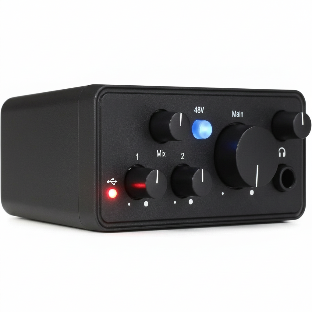 USB audio interface used in home recording setup with laptop