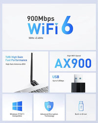 AX900 USB WiFi Adapter with Dual-Band 5GHz/2.4GHz and 7dBi Antenna for Windows 10/11.