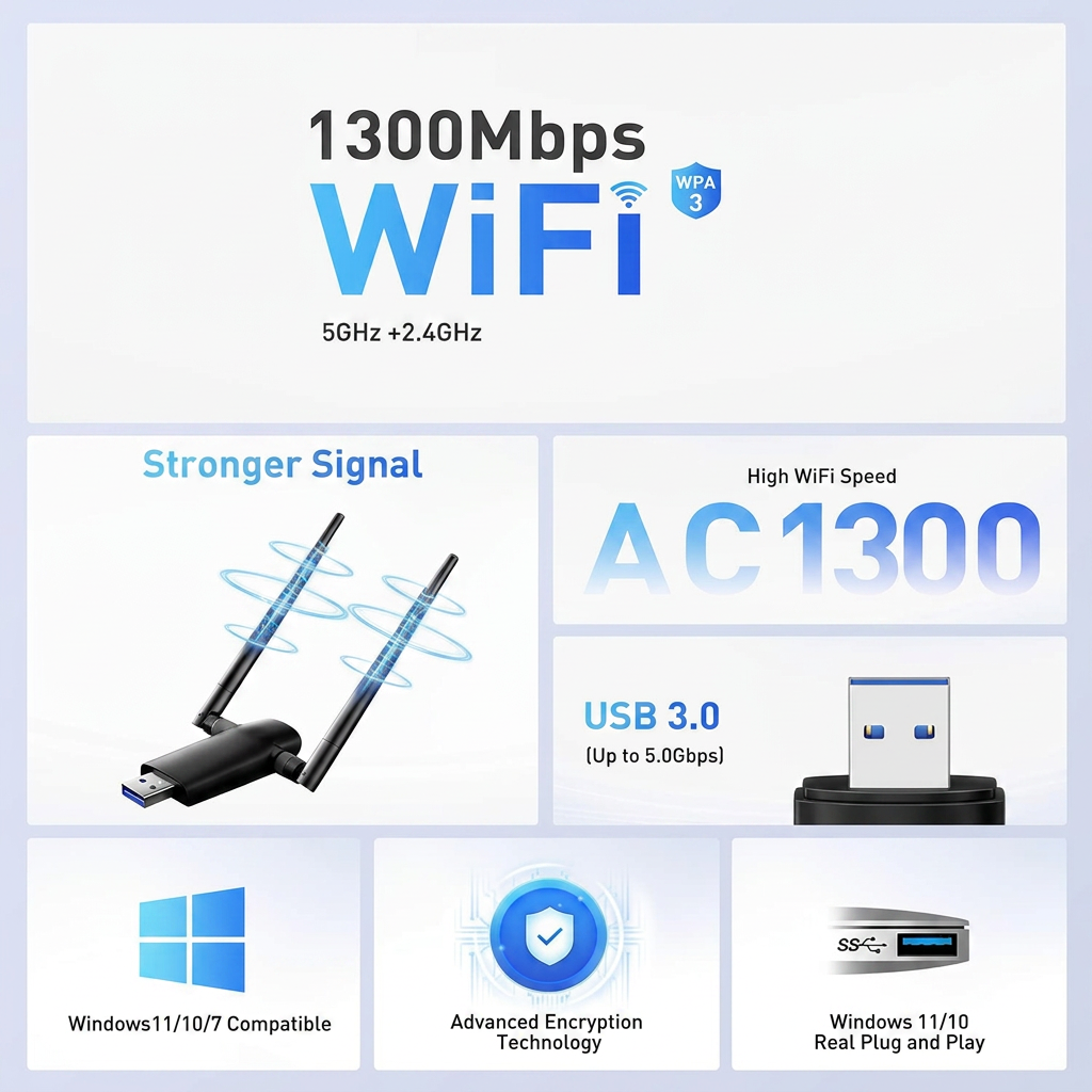 Dual Band USB WiFi Adapter Supporting 2.4GHz and 5GHz Networks