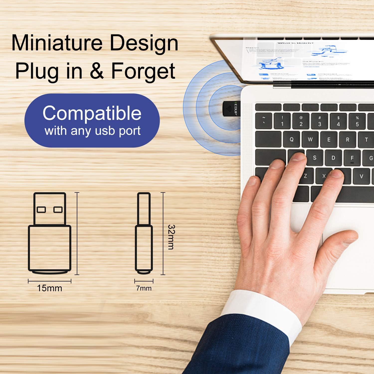 EDUP USB Adapter for Wi-Fi and Bluetooth connectivity, ideal for Windows PCs, laptops, and smart devices.