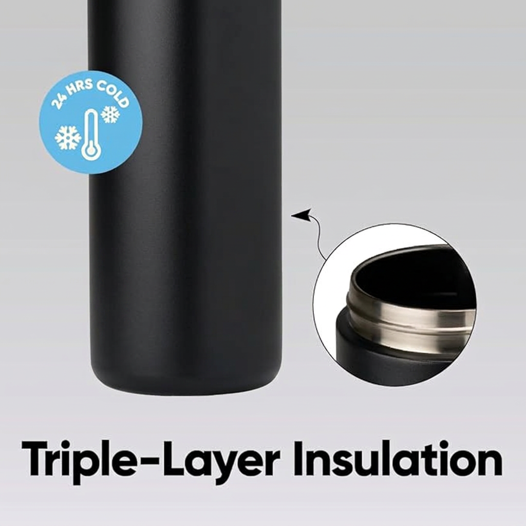 Vacuum insulated stainless steel travel water bottle in black