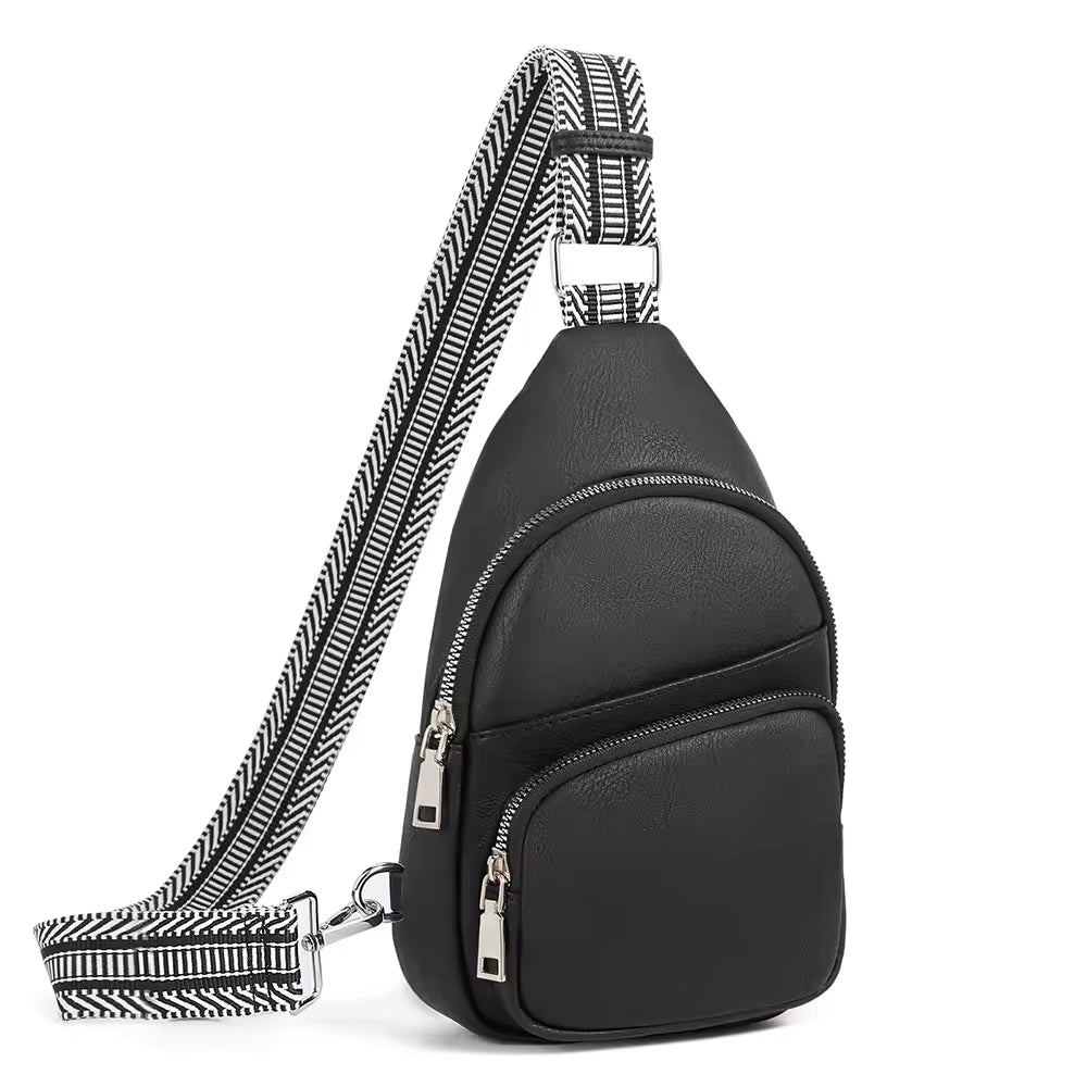 Vegan leather sling bag for women with adjustable guitar-style strap