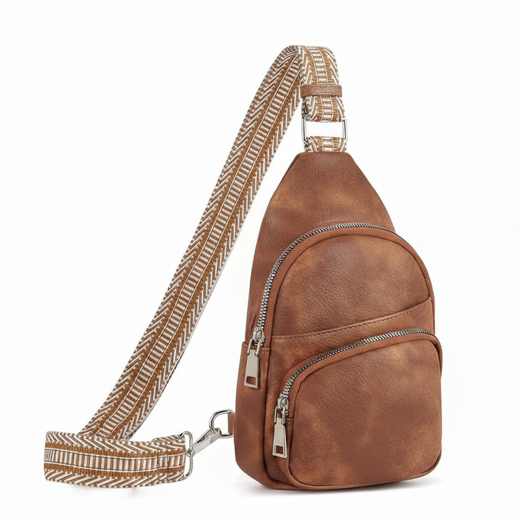 Vegan leather sling bag for women with adjustable guitar-style strap