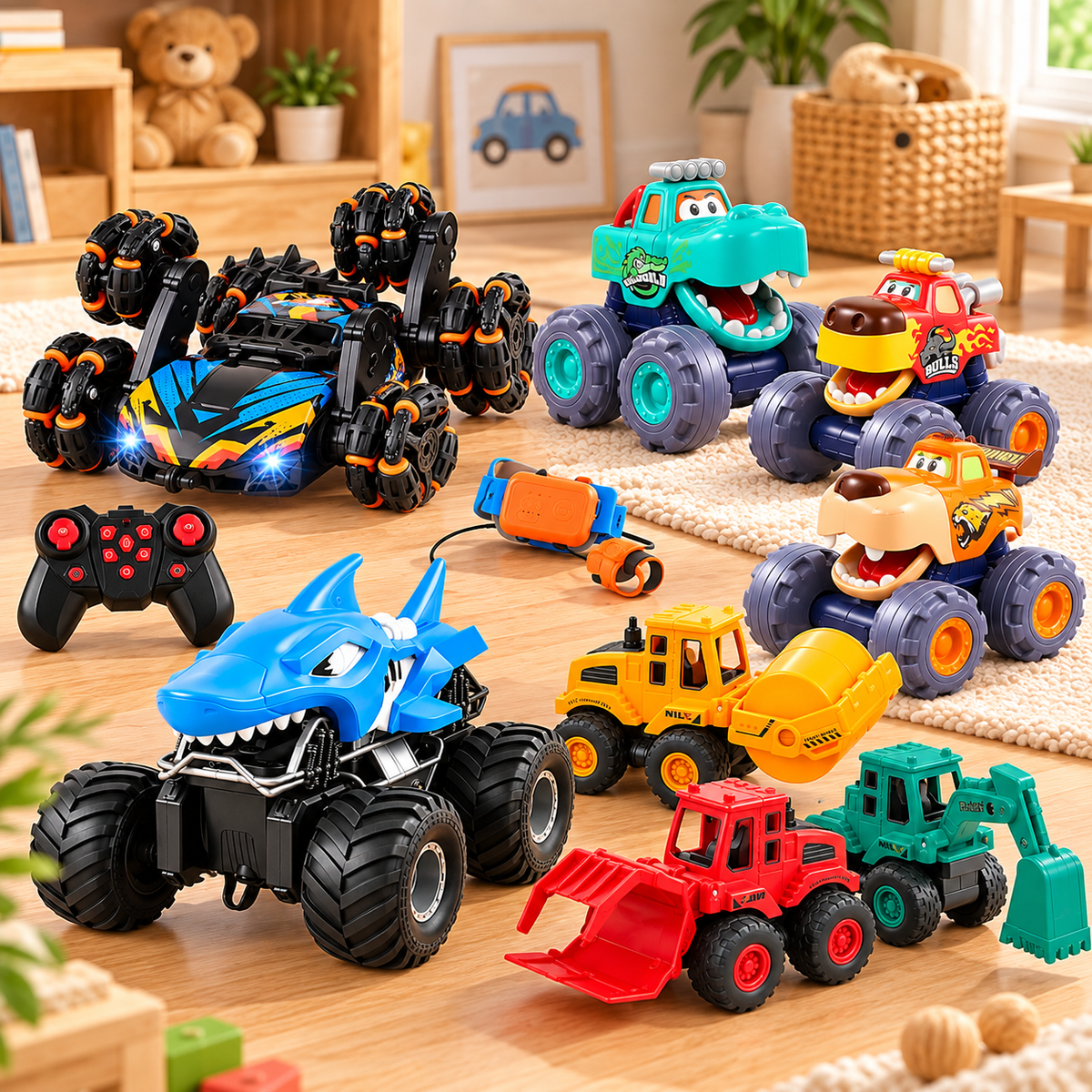 Adventure Bundle with RC stunt car, monster trucks, dinosaur car and construction vehicles