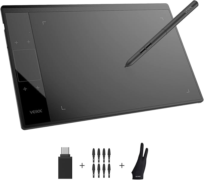 VEIKK A30 V2 drawing tablet front view with stylus and touch gesture pad