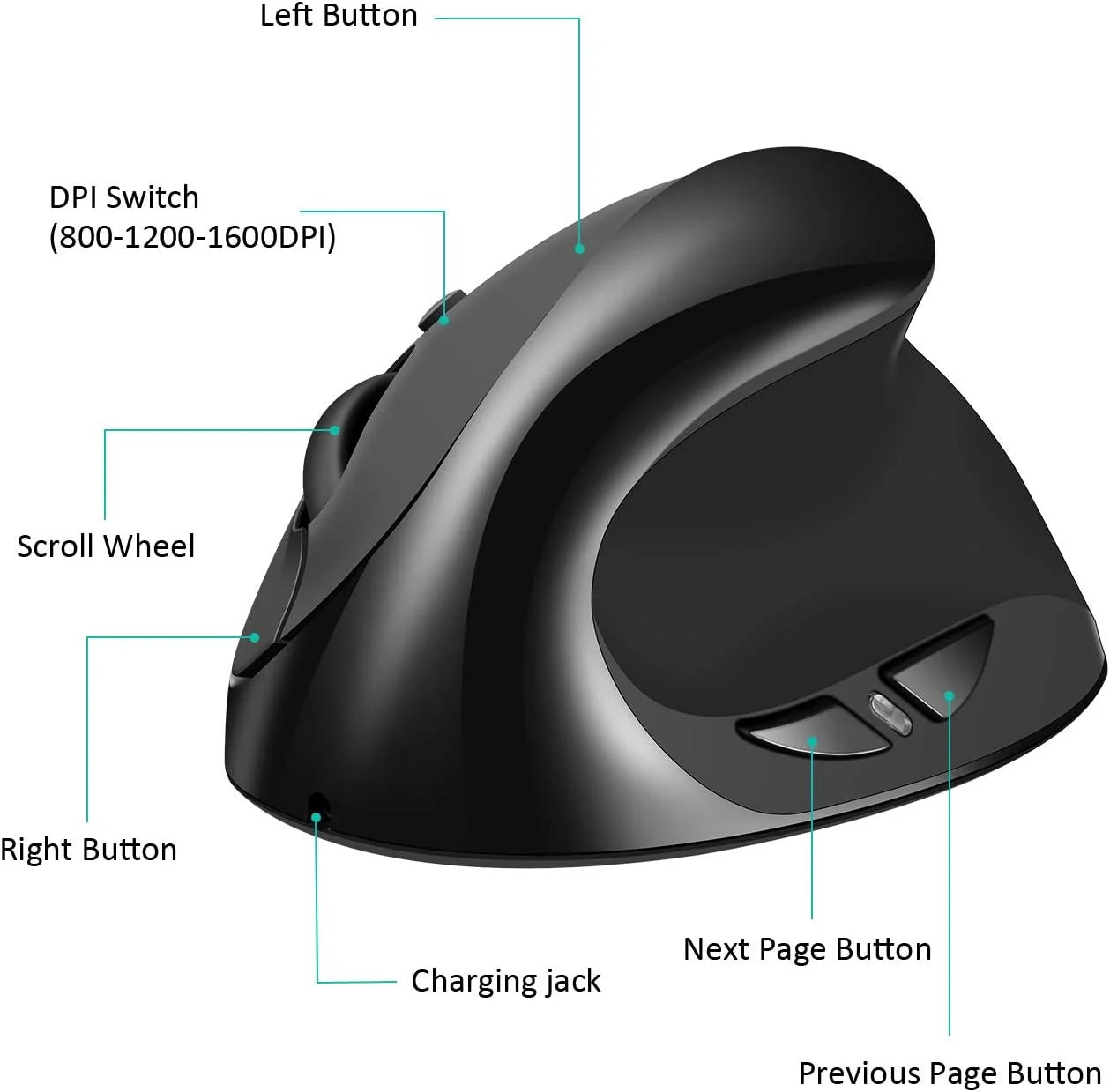 Vertical wireless mouse with six-button layout