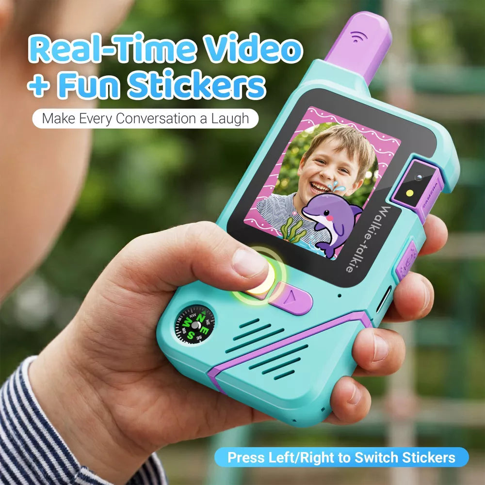 Video walkie talkies for kids with built-in camera and interactive two-way communication features.