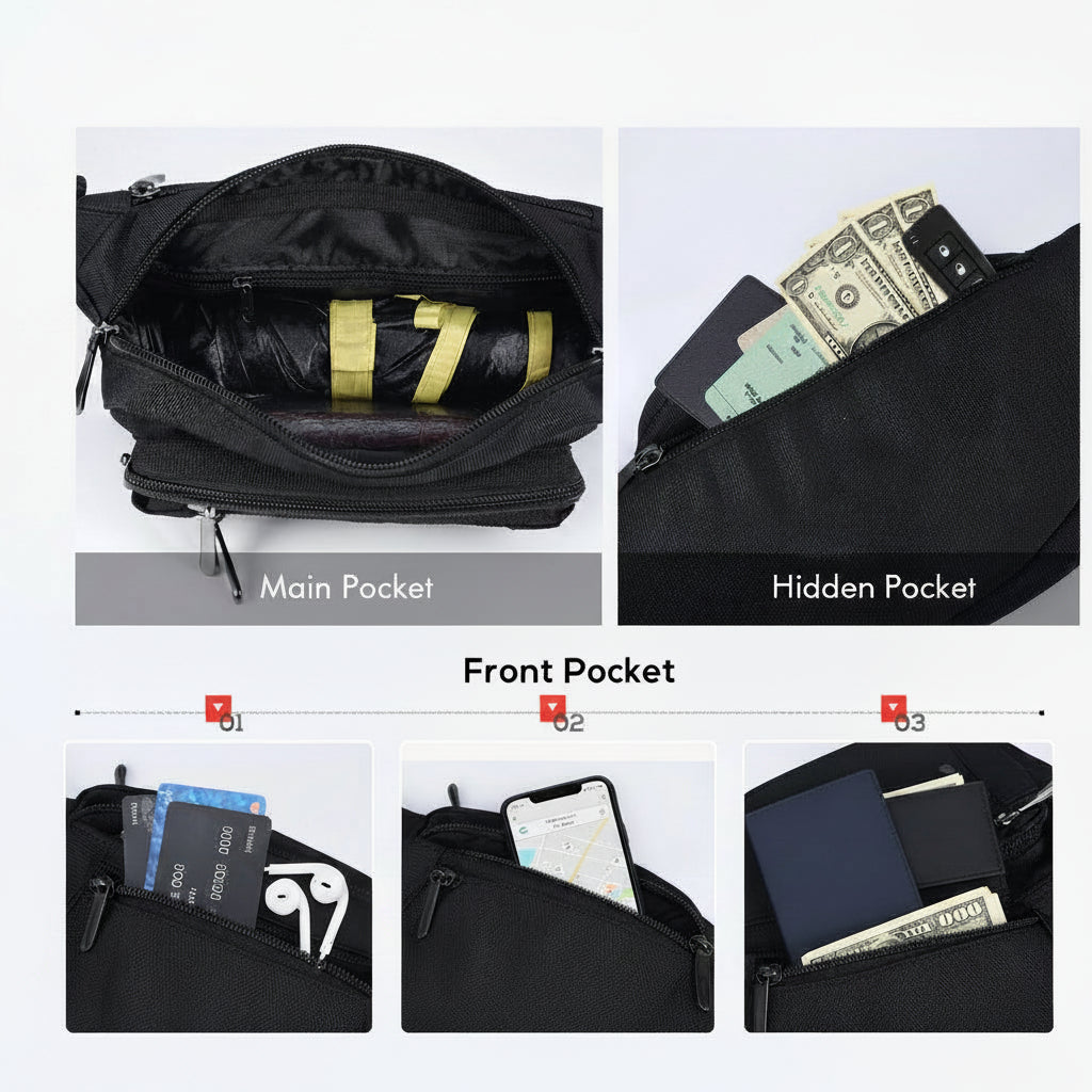 Waist bag shown with crossbody carry style for casual use