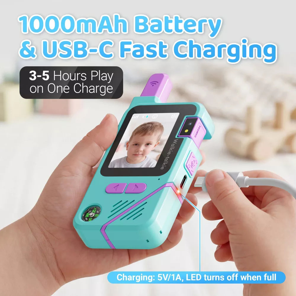 Close-up of the 180-degree adjustable camera on a kids video walkie talkie.