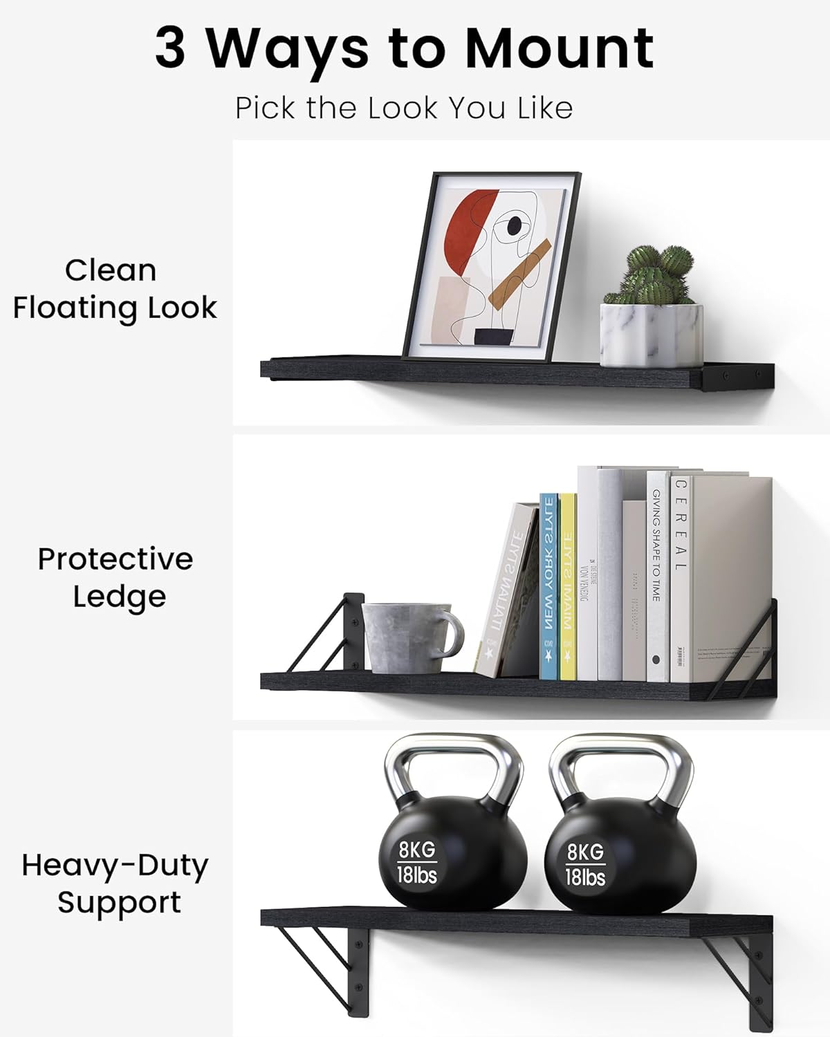 Wall mounted black floating shelves for bathroom essentials