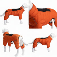 Side View Of A Warm Orange Pet Jacket With Reflective Details
