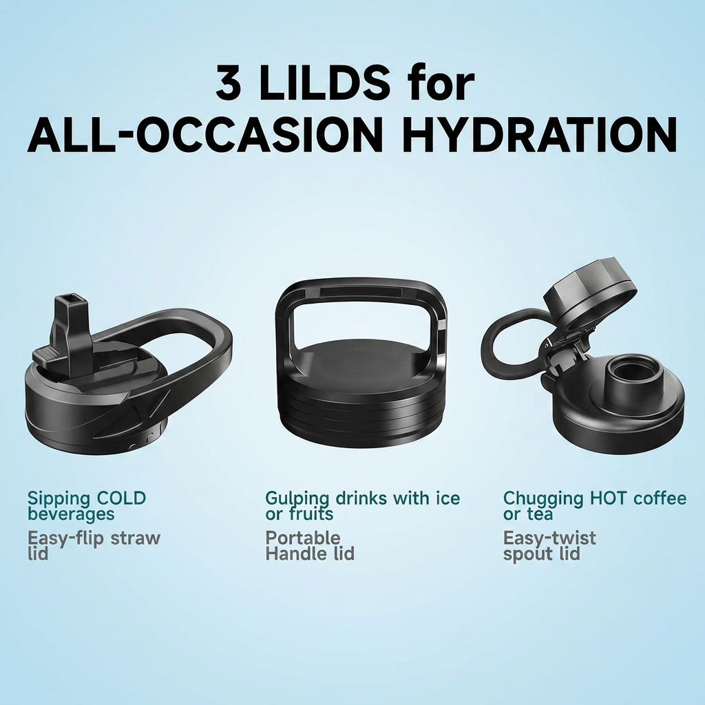 Stainless steel water bottle with straw spout and handle lid options