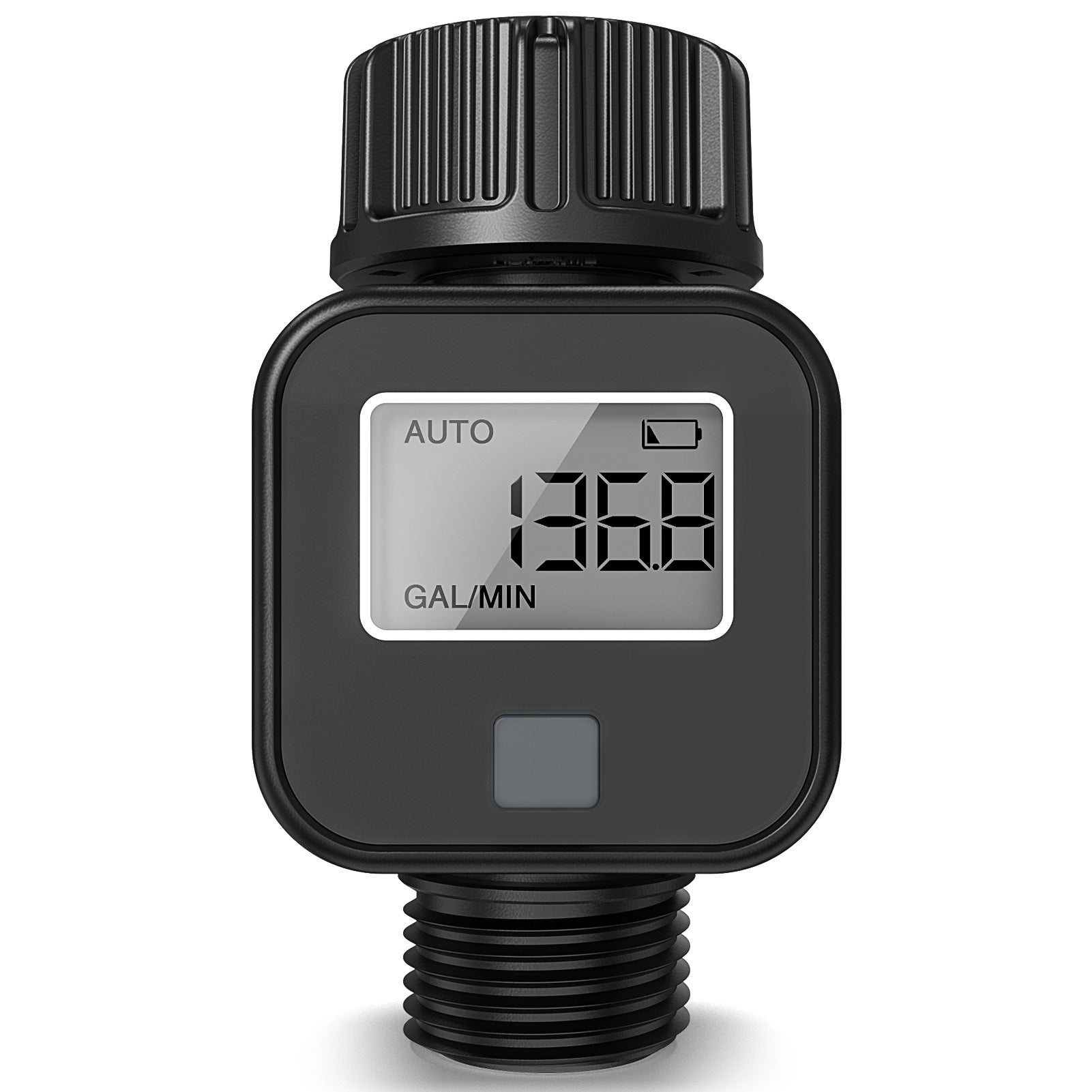 Water flow meter with brass inlet and outlet for garden hoses and RV water tanks.