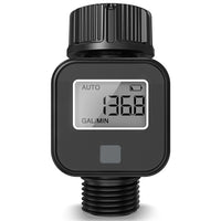 Water flow meter with brass inlet and outlet for garden hoses and RV water tanks.