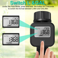 Accurate water flow meter measuring gallon and liter consumption for lawn sprinklers and irrigation systems