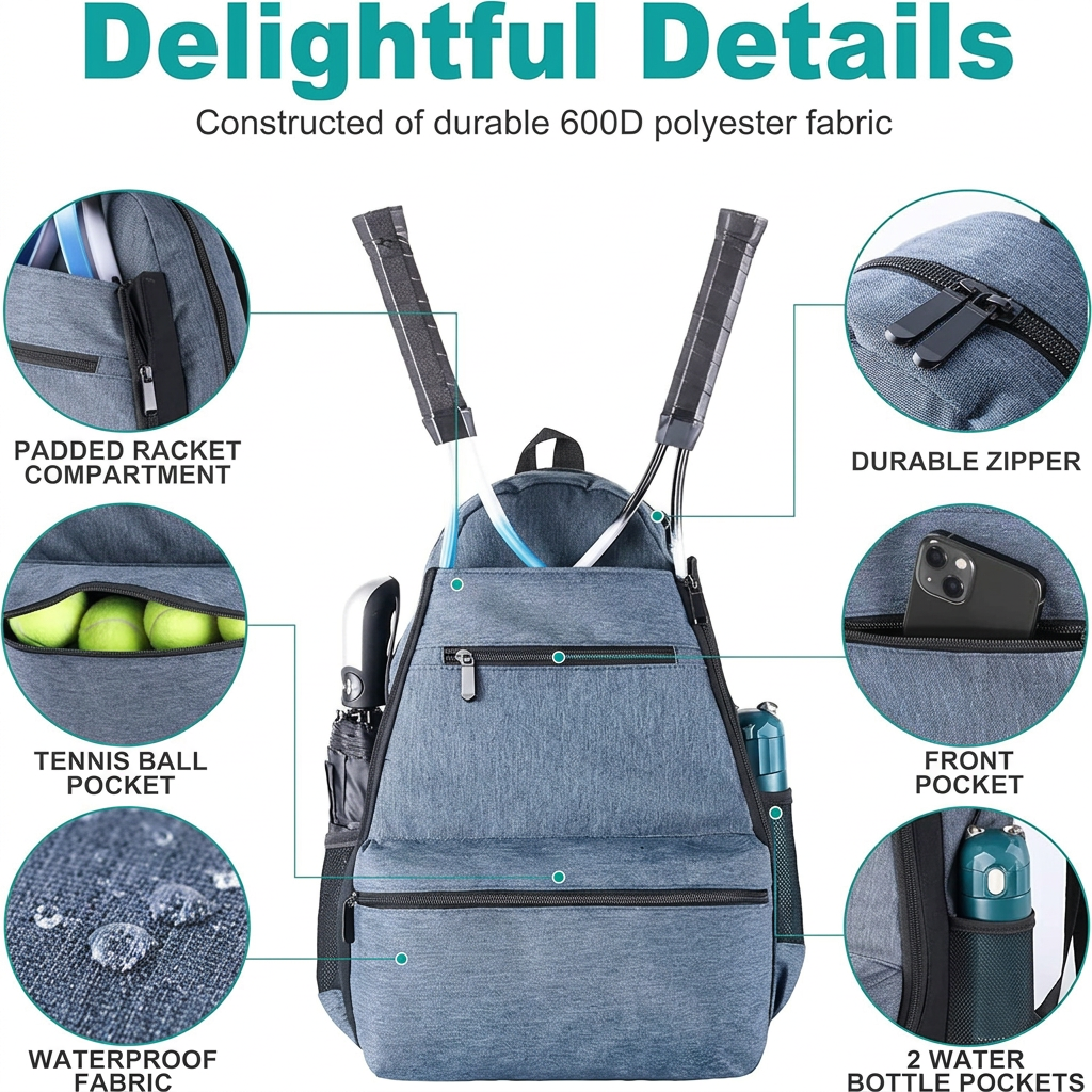 Water-Resistant Tennis Backpack with Large Capacity for Rackets and Gear