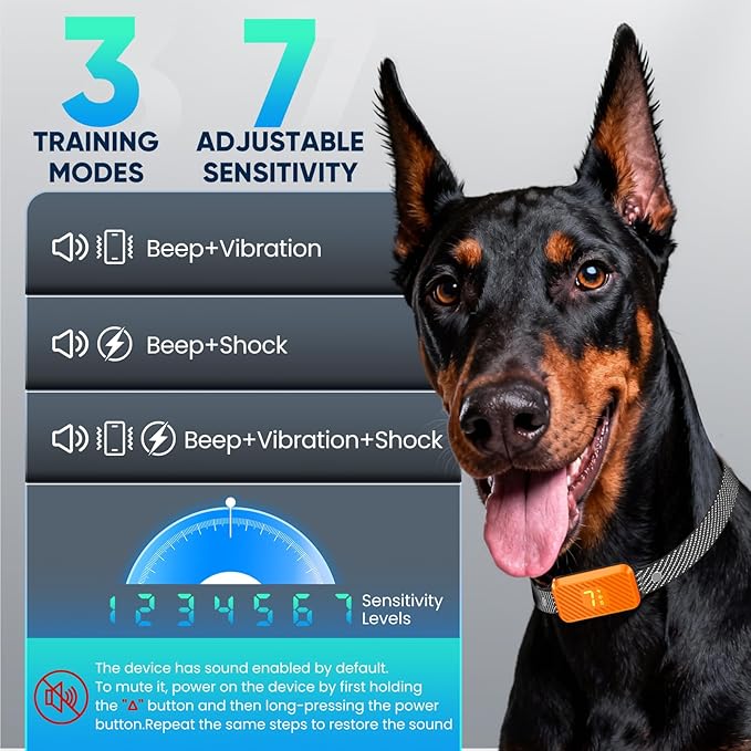 Waterproof dog bark collar with beep, vibration, and beep + vibration modes for small, medium, and large dogs