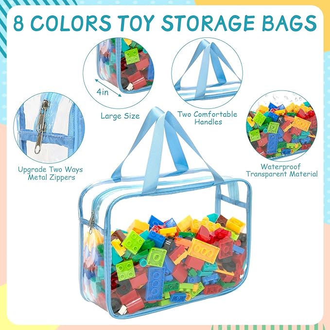 Close up of waterproof toy storage bags with writable label areas