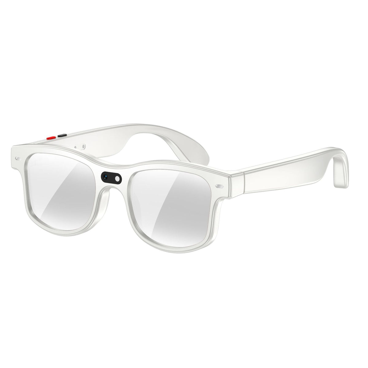 Adult wearing black smart eyewear during a casual walk outdoors.