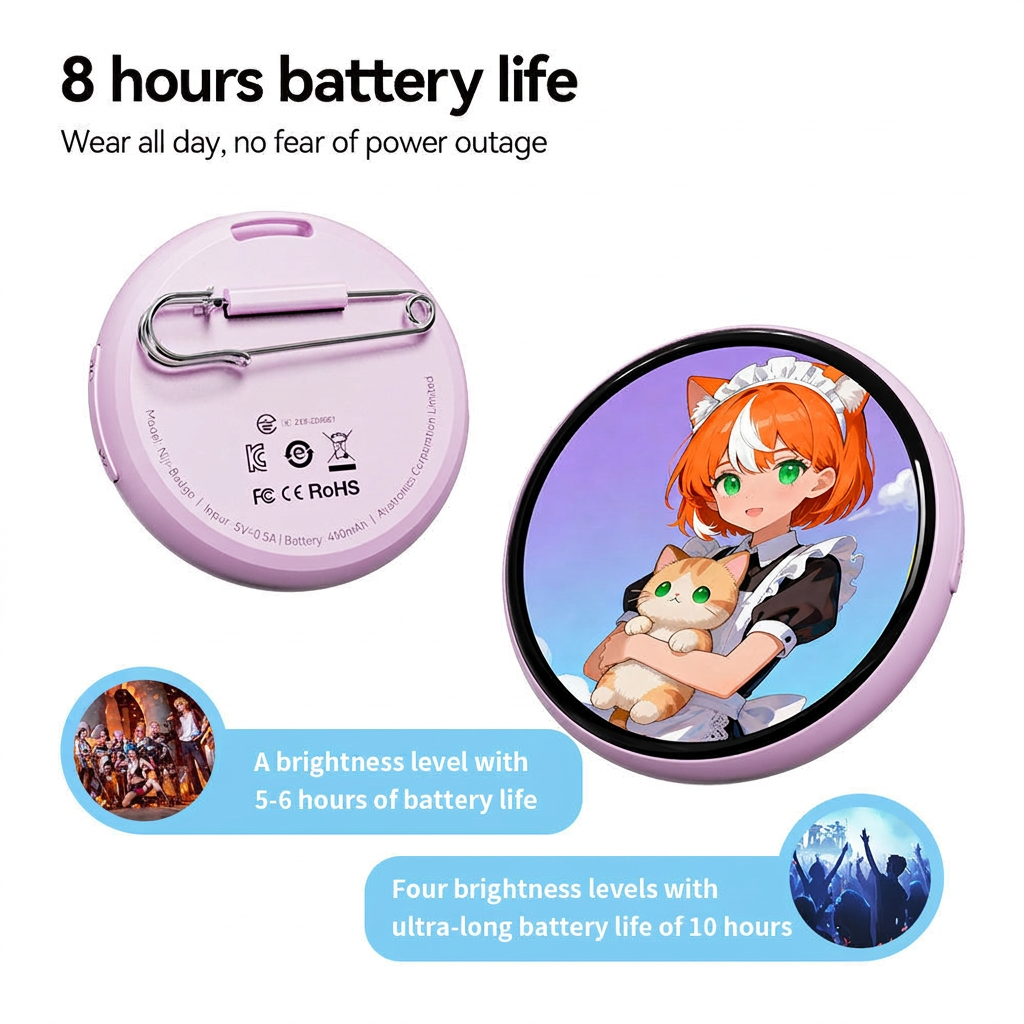 Compact digital display badge attached to clothing for staff use