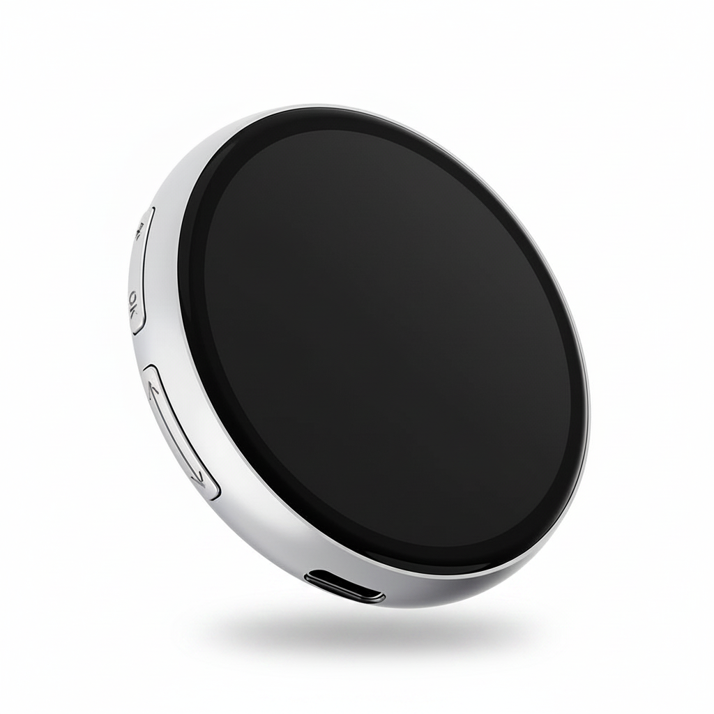 Front view of a wearable digital display badge with a compact colour screen