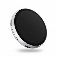 Front view of a wearable digital display badge with a compact colour screen