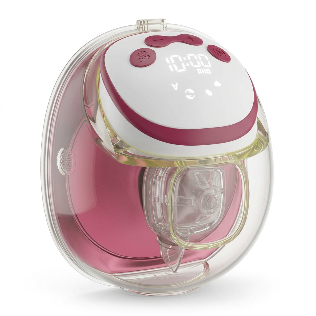 White and pink wearable electric breast pump with digital controls and clear collection chamber