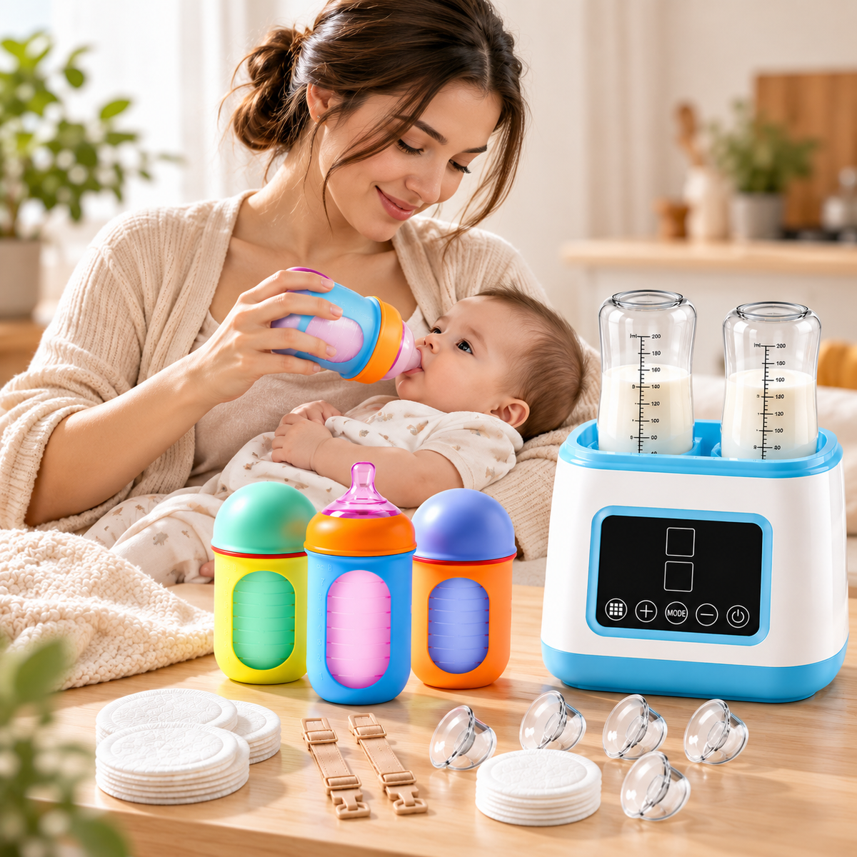 Pair of compact wearable electric breast pumps with pumping accessories