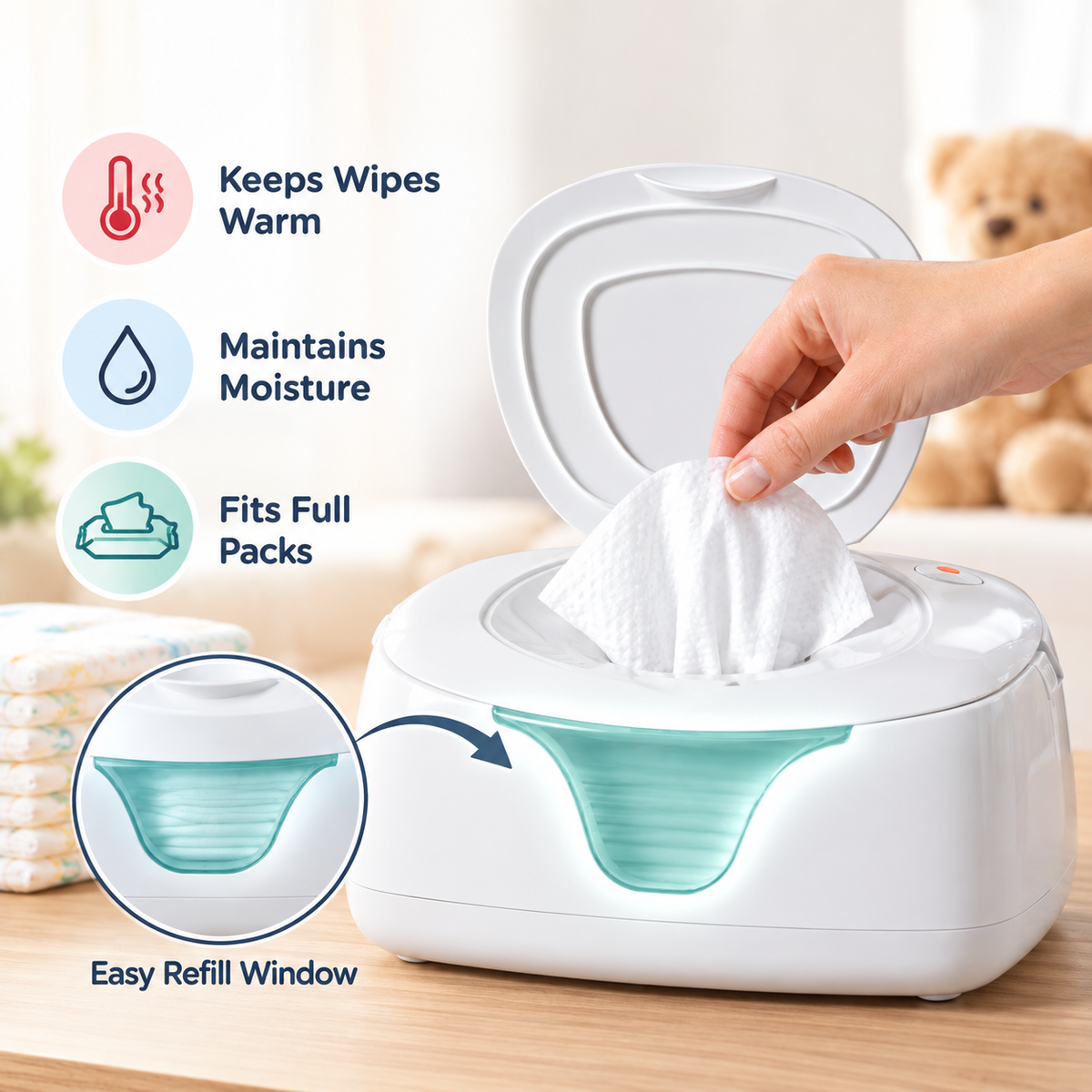 Wet Tissue Warmer featuring top-heating design and accessible wipe dispenser