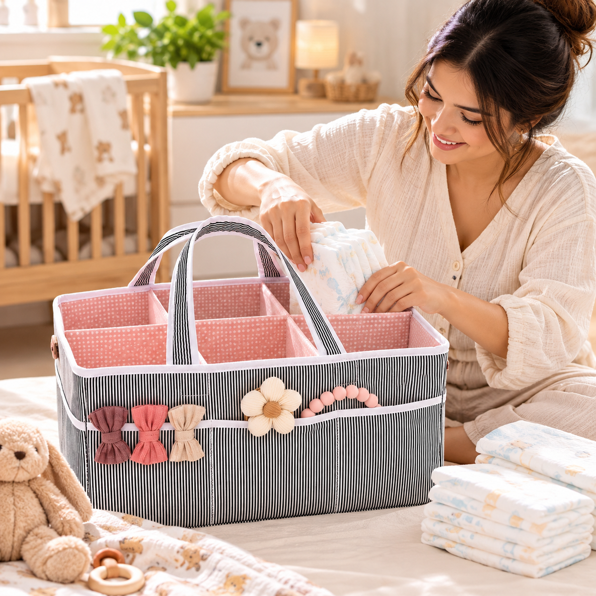 Wet wipe warmer positioned beside an organized baby changing station
