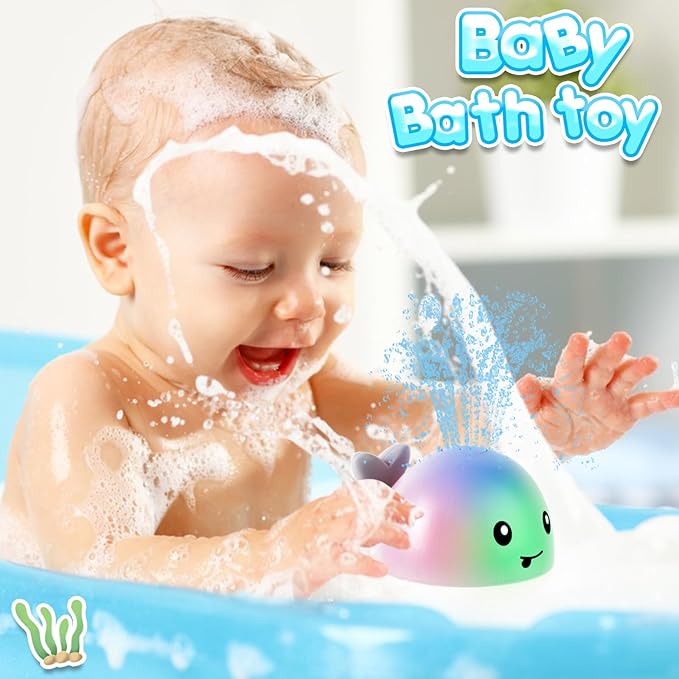 Whale-shaped sprinkler bath toy for babies and toddlers, lights up and sprays water