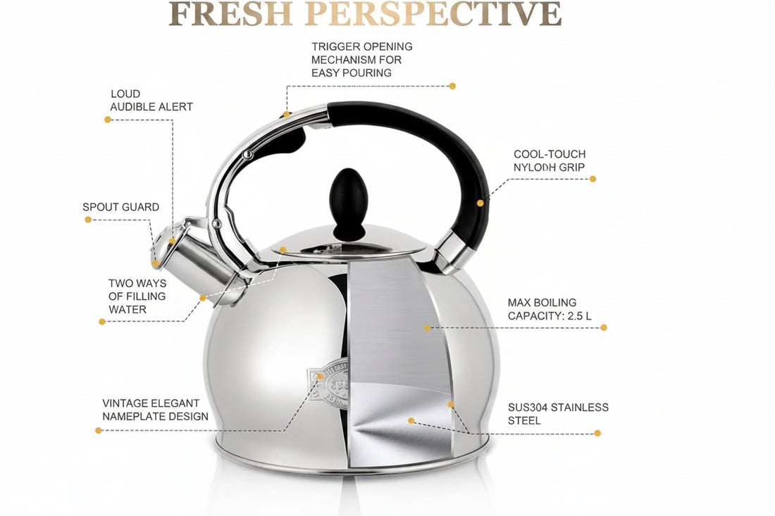 Stainless steel tea kettle with ergonomic carrying handle
