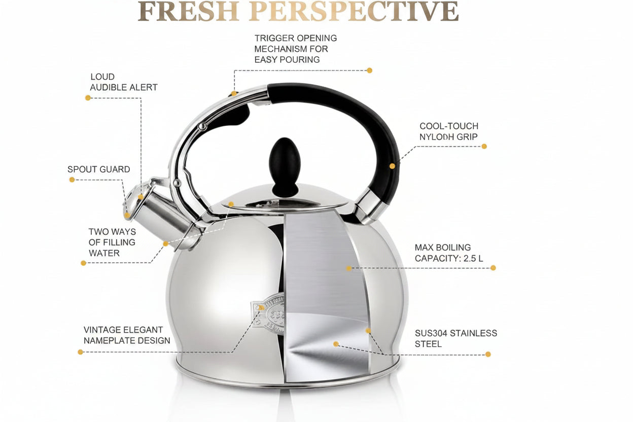 Stainless steel tea kettle with ergonomic carrying handle