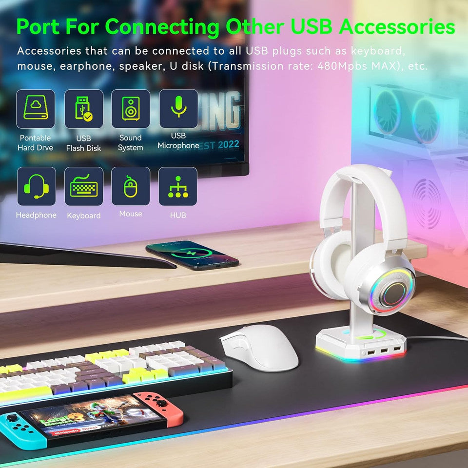 White headset stand with RGB lighting effects glowing