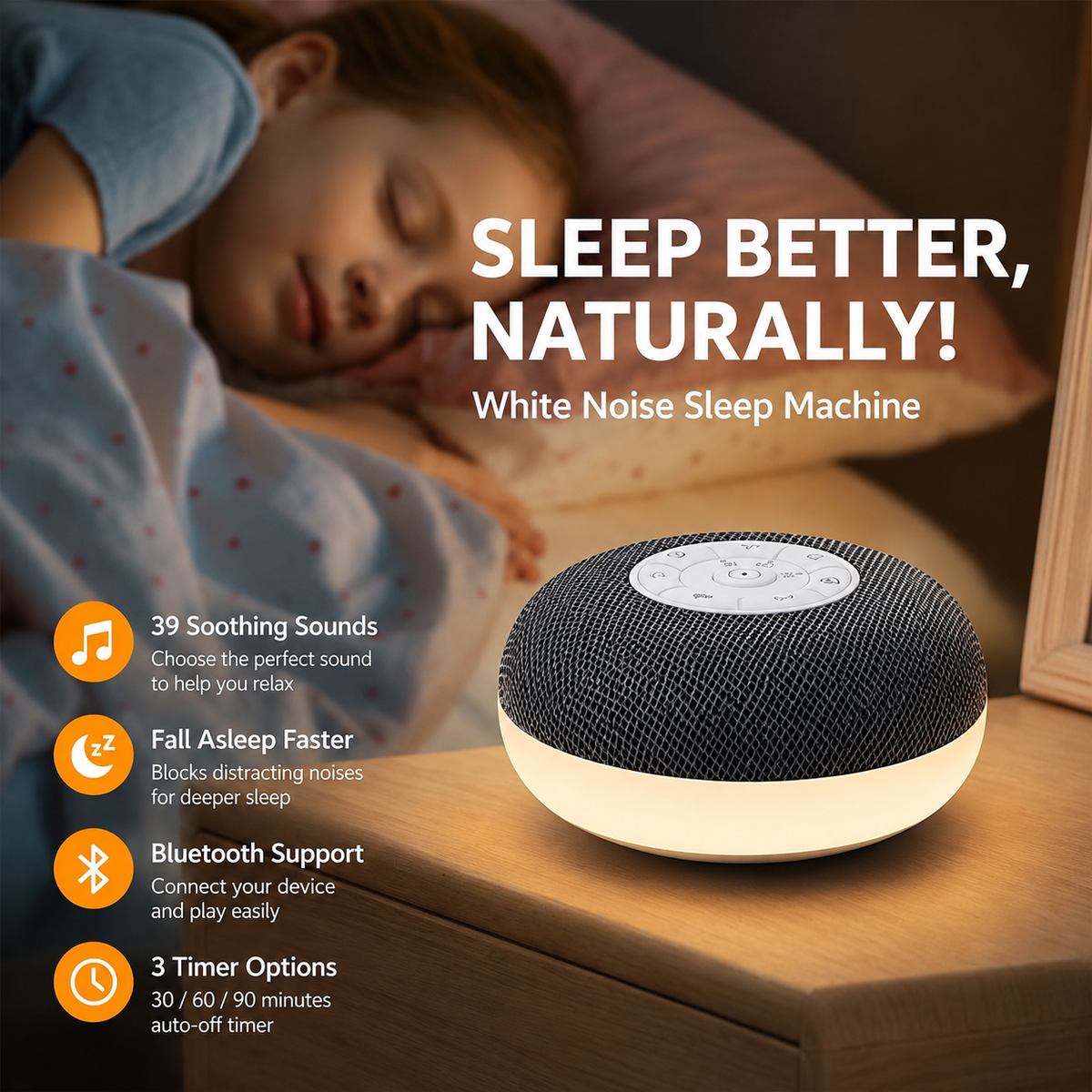 White noise machine control panel with timer and volume buttons