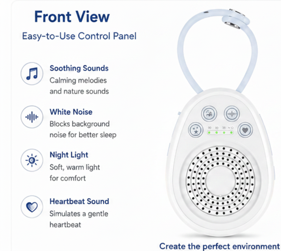 White portable sound machine front view with speaker