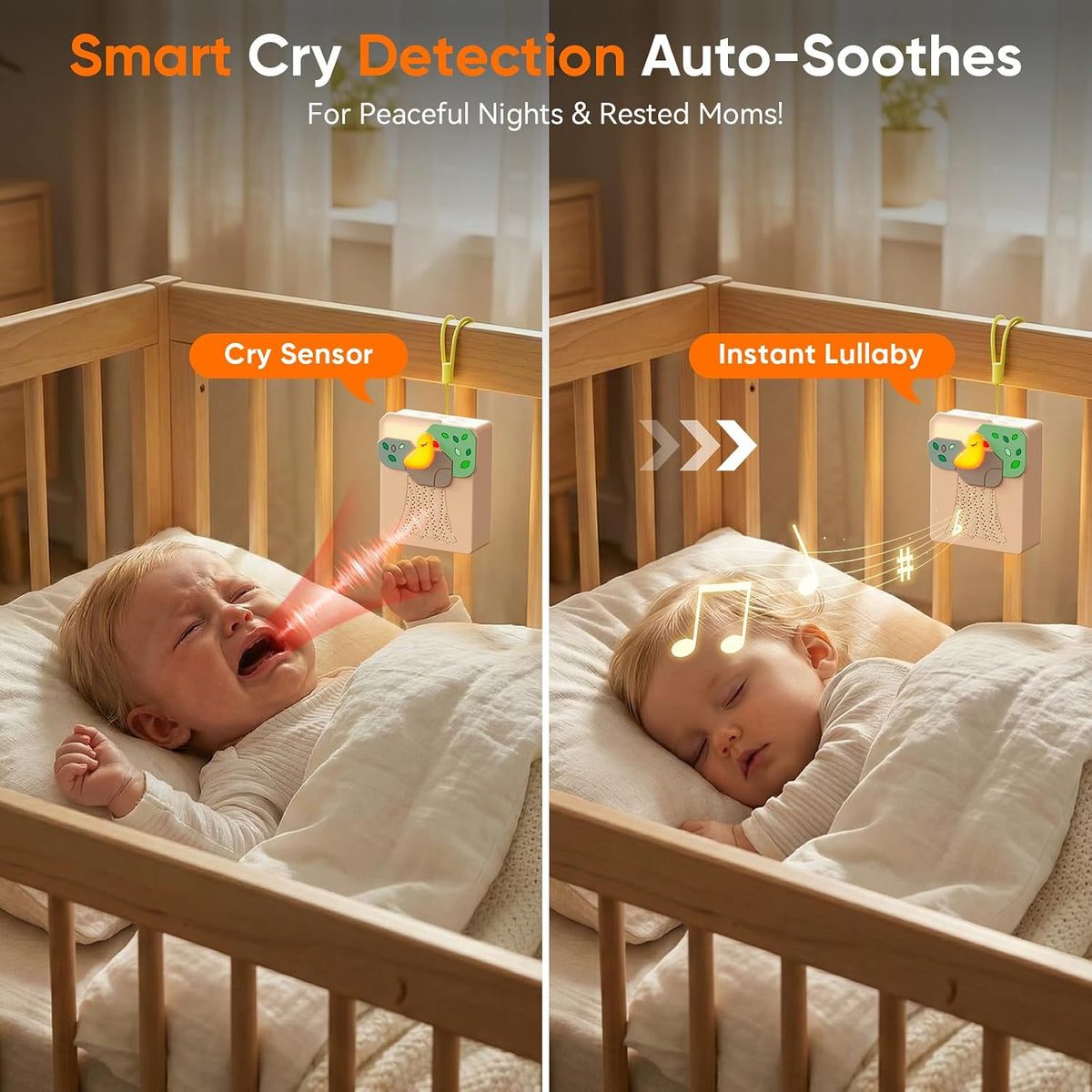 Compact white noise device placed safely on a nursery shelf away from the crib
