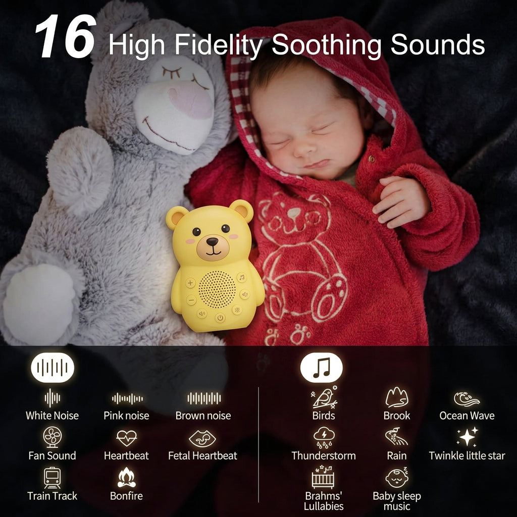 Compact sound device placed on a nursery shelf away from the crib