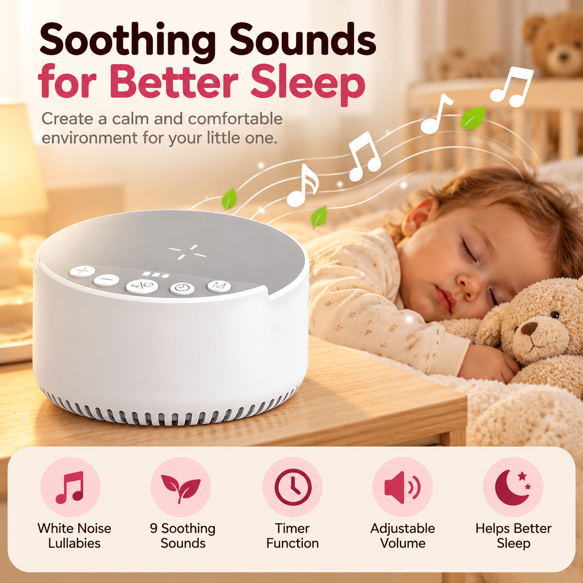 Compact background sound device positioned on a nursery bedside table