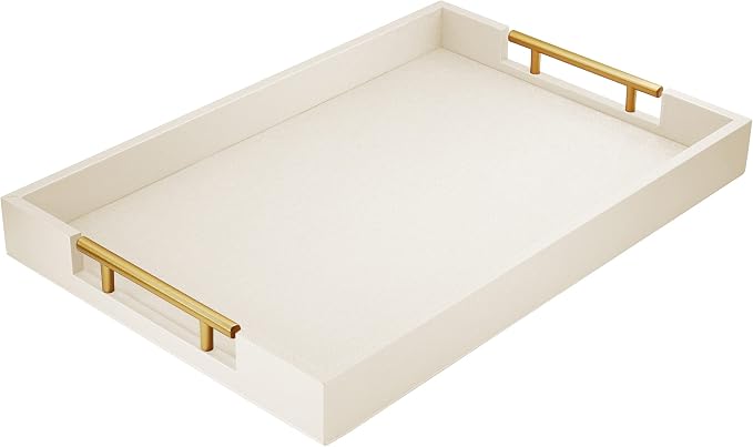 White rectangular serving tray with polished gold-tone handles